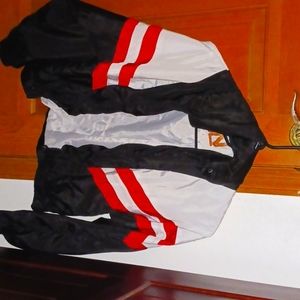 Red, white, and black windbreaker jacket